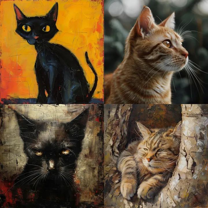 Четыре кота по промпту a cat без параметра --sref