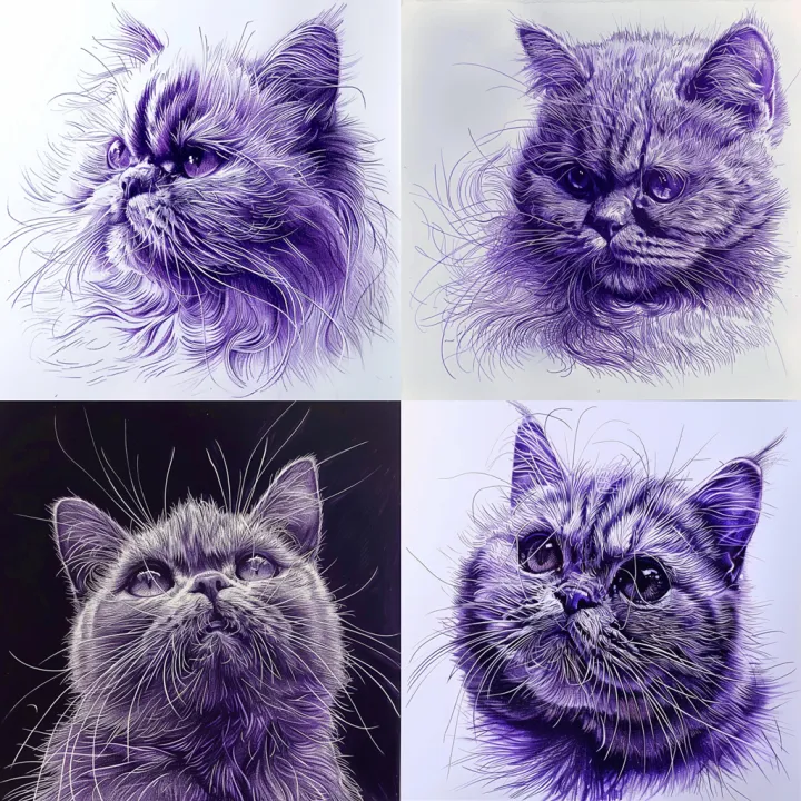 Четыре кота в стиле чернильного наброска, промпт a cat с --sref